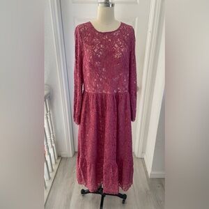 Adrianna Papell Fuchsia Lace Long Sleeve Dress